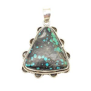 Black Web Turquoise Pendant Sterling Silver 925 1 3/4 inch Spiderweb